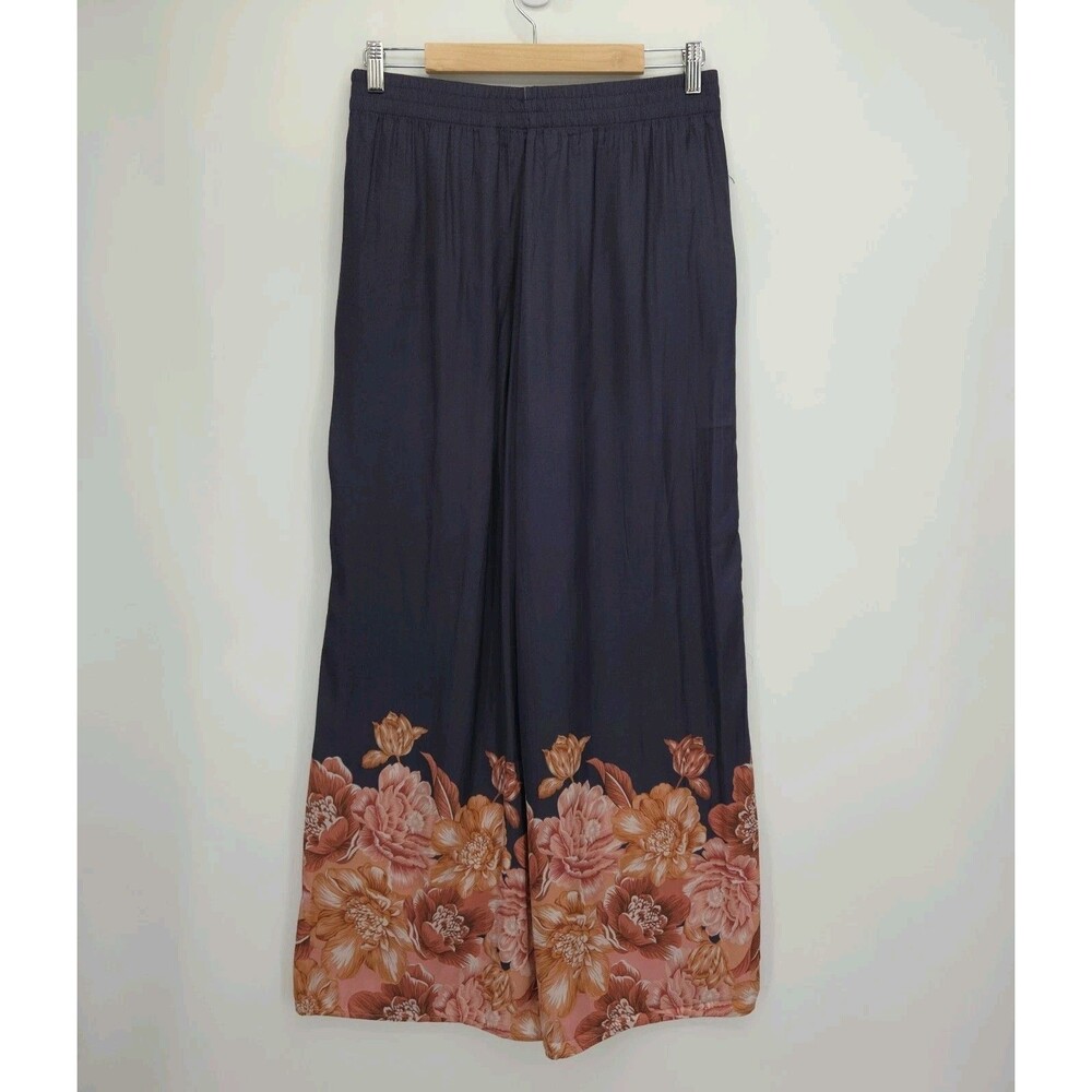 New Elie Tahari Womens Wide Leg Pull On Pants Flow Satin Navy Floral Size Medium - Picture 2 of 4